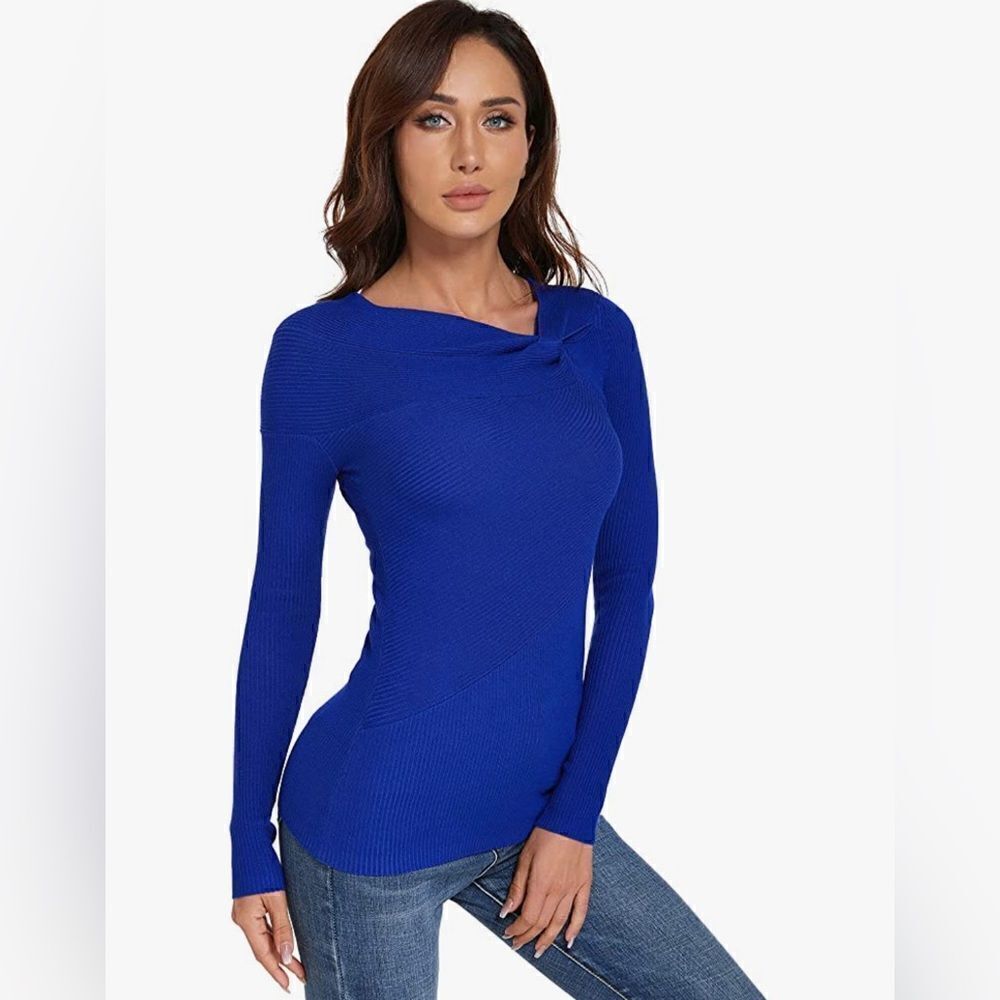 AmélieBoutik Women Asymmetric Twist Knot Neckline Ribbed Sweater